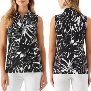 Rafaella Black & White Tropical‎ Leaf Print Zip-Front Sleeveless Top XXL